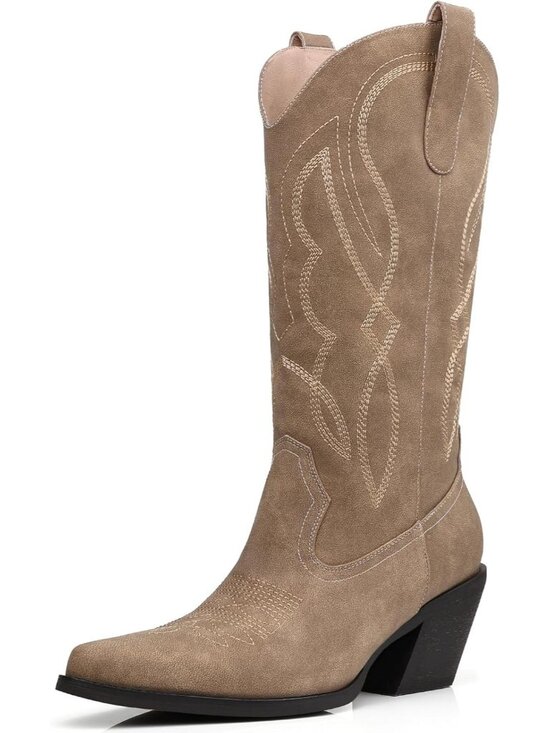 Shoes - Women's Wide Calf Rhinestones Brown Pointed Toe Chunky Heel Embroidered Boots